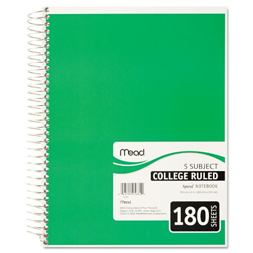 Mead Spiral Notebook, 5 Subject, College Ruled Paper, 180 Sheets, 10-1/2" x 8", Color Selected For You (05682)