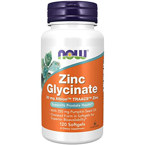 NOW Supplements Zinc Glycinate with 250 mg Pumpkin Seed Oil Supports Prostate Health* 120 Softgels