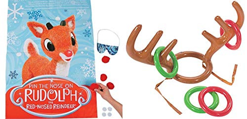 HAPPY DEALS ~ 2 Christmas Holiday Party Games - Reindeer Antler Inflatable Ring Toss Game  PIN The Nose on Rudolph Game - Kids Childrens Activity - Classroom - School Daycare