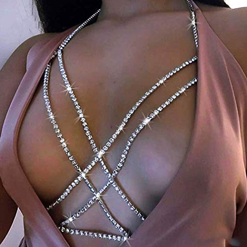 Reetan Boho Body Chains Crystal Chest Chains Bikini Harness Chain Beach Rave Party Nightclub Body Jewelry Accessories for Women and Girls Silver