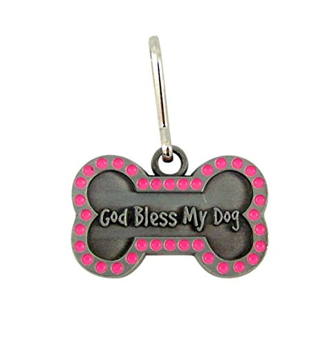 God Bless My Dog Brushed Pewter and Pink Enamel Bone Shaped Pet Medal 1 14 Inch