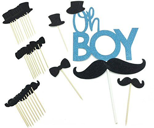 Blue Glitter Oh Boy Baby Cake Topper Black Mustache Bowtie Hat Gender Reveal Cupcake Topper Picks for Kids Baby Shower Birthday Party Supplies 31Pcs