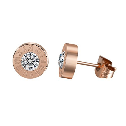 Titanium Steel Roman Numeral Cubic Zircon Round Ear Stud Rose Gold Plated Earrings for Women Girls