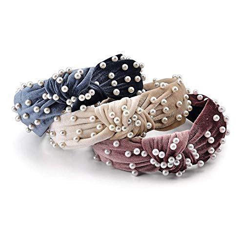3 Pieces Velvet Wide-Headbands Knot Turban Headband Vintage Hairband with Faux Pearl Elastic Hair Hoops 3 Pieces Velvet Wide-Headbands Knot Turban Headband Vintage Hairband with Faux Pearl Elastic Hair Hoops
