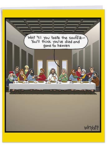 Taste Souffle Birthday Big Greeting Card with Envelope 8_5 x 11 Inch - Jesus and the 12 Apostles Last Supper - Funny Cartoon Stationery Set for Personalized Happy Bday Greetings Message J8424BDG
