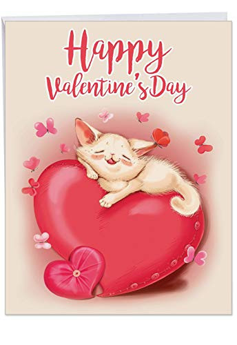 NobleWorks Jumbo Happy Valentines Day Greeting Card 8_5 x 11 Inch - Big Valentines Card - Cat and Heart J3466VDG