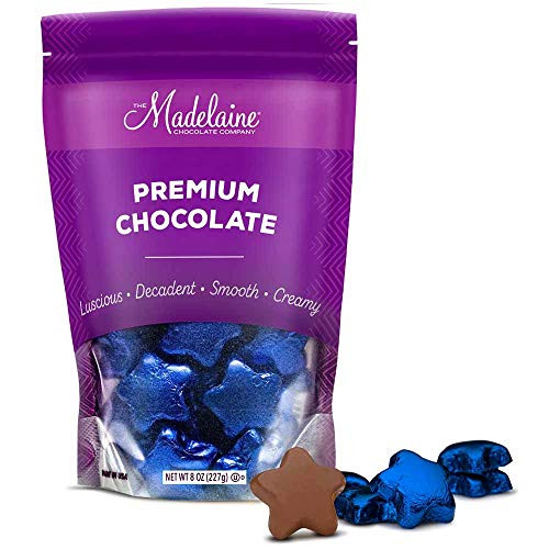 Madelaine Solid Premium Milk Chocolate Stars Wrapped In Italian Foil Blue 12 LB Madelaine Solid Premium Milk Chocolate Stars Wrapped In Italian Foil Blue 12 LB