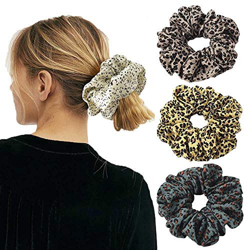 Chennie Hair Scrunchies Chiffon Leopard Elastic Hair Bands Silk Hair Ponytail Holder Ties Cheetah Print Scrunchy Accessories Ropes Oversized Big Scrunchies For Women And Girls 4PCS