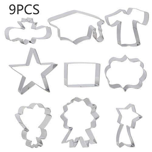 KATOOM 9pcs Graduation Cookie CutterStainless Steel Biscuit Mold Baking SetGraduation CapDiplomaStarsGownBouquetCertificate 2020 Grad Party Supplies for Making Cake Fondant Pancake