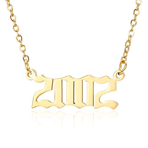 RINHOO Birth Year Number Pendant Necklace Stainless Steel Gold Number Birthday Necklace Chain Jewelry for Women Girl 2005 2002