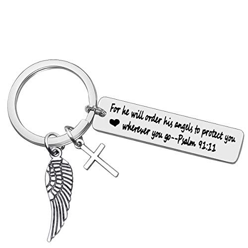 Bible Verse Keychain Religious Jewelry for He Will Order His Angels to Protect You Wherever You Go Faith Key Chain Christian Gift Cross Charm Keychain Thanksgiving Christmas Easter Prayer Gift
