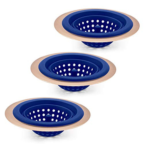 COOK with COLOR Set of 3 Sink Strainers Flexible Silicone Kitchen Sink Drainers Traps Food Debris and Prevents Clogs Large Wide 4_5 Diameter Rim  Blue and Copper