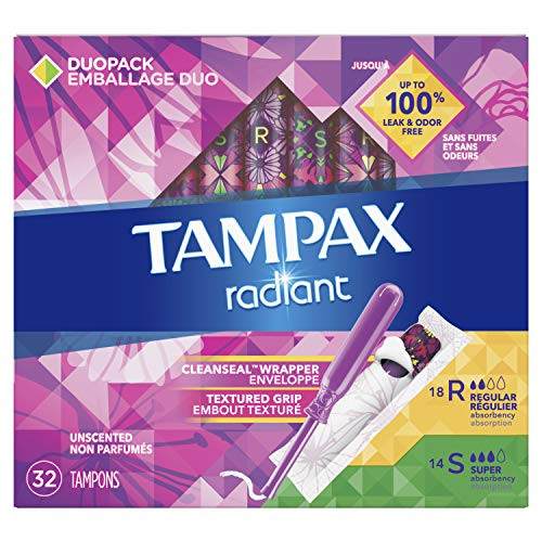 Tampax Radiant Tampons with Plastic Applicator RegularSuper Absorbency DuoPack Unscented 32 Count Packaging May Vary