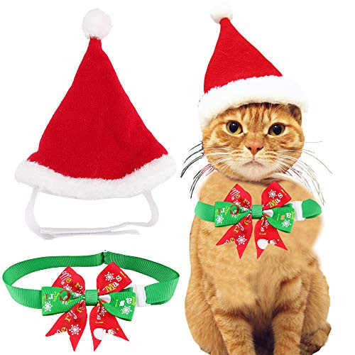 Aiwind Cat Dog Pet Christmas Santa Clause Hat and Adjustable Bow Tie Collar or Headband for Kitten Puppy Small Cats Dogs Pets A