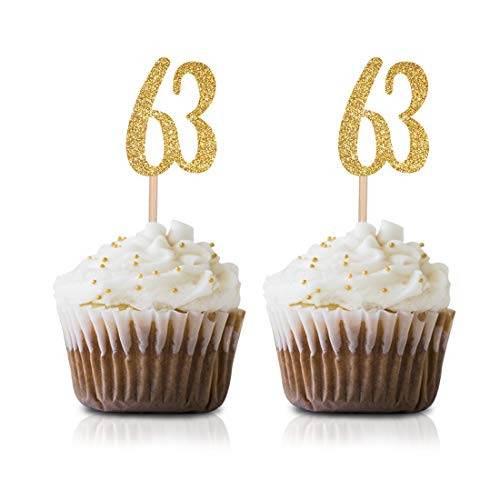 Gold Happy 63rd Birthday Cupcake Topper 24-Pack Number 63 Glitter Birthday Party Cupcake Toppers Decorations