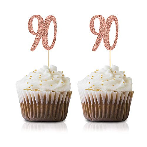 Rose Gold 90th Birthday Cupcake Topper 24-Pack Number 90 Glitter Happy Birthday Party Cupcake Toppers Decorations