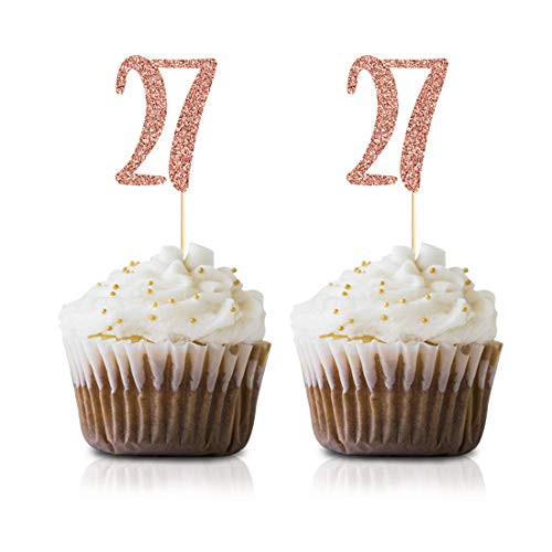Rose Gold 27th Birthday Cupcake Topper 24-Pack Number 27 Glitter Happy Birthday Party Cupcake Toppers Decorations