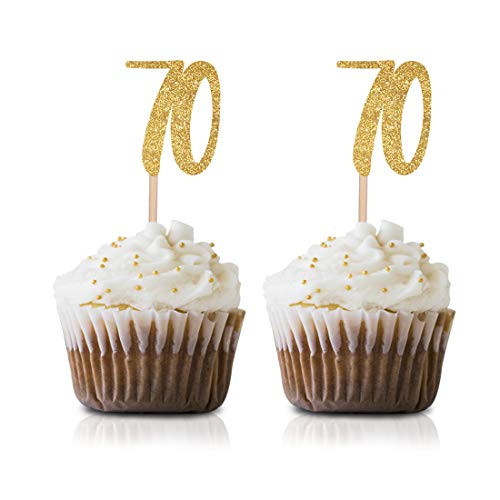Gold Happy 70th Birthday Cupcake Topper 24-Pack Number 70 Glitter Birthday Party Cupcake Toppers Decorations