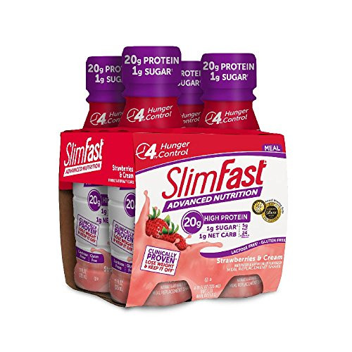 SlimFast Advanced Nutrition Strawberries & Cream Shake  Ready to Drink Meal Replacement  20g of Protein  11 fl. oz. bottle  4 Count