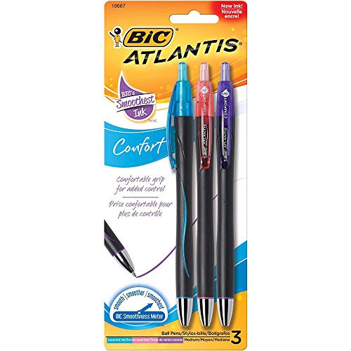 BIC Atlantis Comfort Retractable Fashion Ball Pen, Medium Point (1.0mm), Assorted Colors, 3-Count