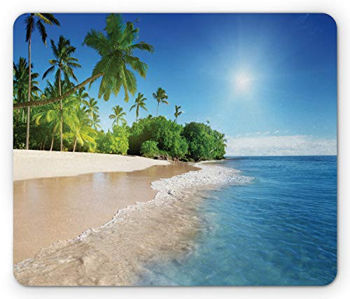 Ambesonne Blue Mouse Pad Ocean Tropical Palm Trees on Sunny Island Beach Scene Panoramic View Picture Rectangle Non-Slip Rubber Mousepad Standard Size Blue Green White