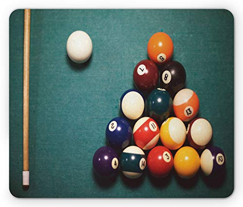 Lunarable Billiard Mouse Pad High Angle View of Pool Table with Cue and Balls Sports Party Fun Rectangle Non-Slip Rubber Mousepad Standard Size Cadet Blue Multicolor