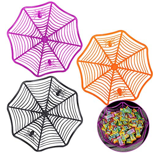 FiGoal 3 Pack Halloween Spider Web Basket Spider Plastic Candy Bowls for Halloween Party Supplies Trick or Treat Candy For Kids Boys Girls