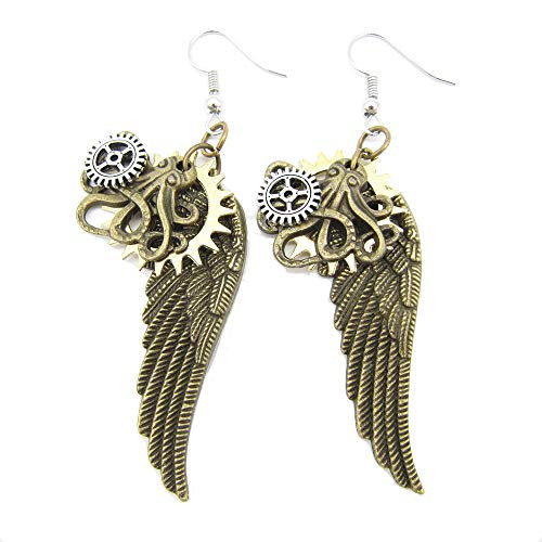 Wing Gear Earrings - Steampunk Vintage Clockwork Antique-Bronze-Tone Dangle Earring Jewelry