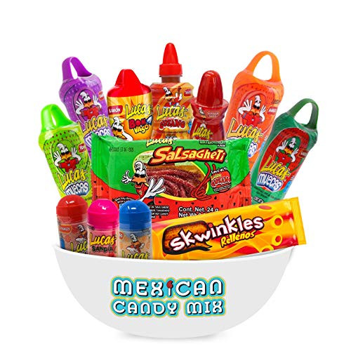Lucas Mexican Candy Mix 12 Count of Muecas Mango Chamoy Watermelon Gusano Baby Powder and Crazy Hair Makes a Popular Assortment by Ole Rico