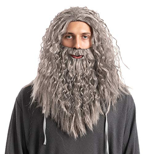 Spooktacular Creations Mens Grey Wizard Wig with Beard Halloween Wig for Adults Cosplay Party Accessories