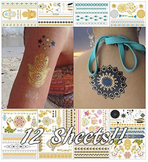 Metallic Temporary Tattoos for Women Teens Girls - 12 Sheets Gold Silver Temporary Tattoos Glitter Shimmer Designs Jewelry Tattoos - 150 Color Flash Fake Waterproof Tattoo Stickers