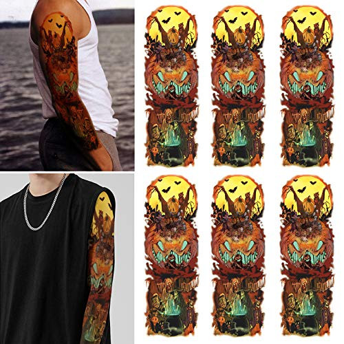 Leoars Halloween Pumpkin Lantern Temporary Tattoos Nightmare Before Christmas Tattoo Sleeves 6-Sheet Fake Women Men Large Full Arm Tattoo Stickers for Adult Kids Halloween Makeup