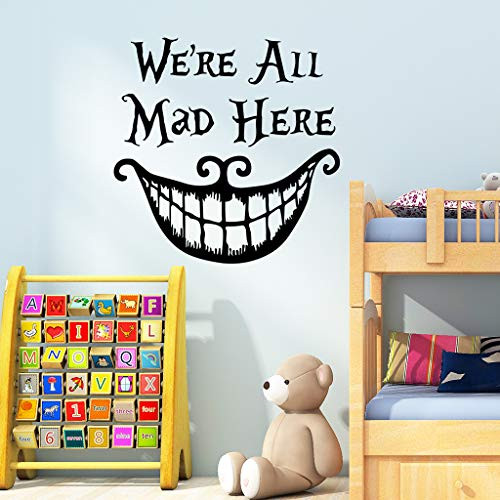 Halloween Smiling Face Thriller Wall Stickers Halloween Wall Decals Sayings Words Were All Mad Here Quotes Art Mural for Living Room Window Clings Halloween Party DecorationVinyl Gothic Wall Decor