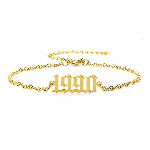 Birth Year Number Anklets Stainless Steel Birthday Ankle Bracelets for Women 18K Gold Plated Adjustable Foot Chain Beach Jewelry GOLD 1980