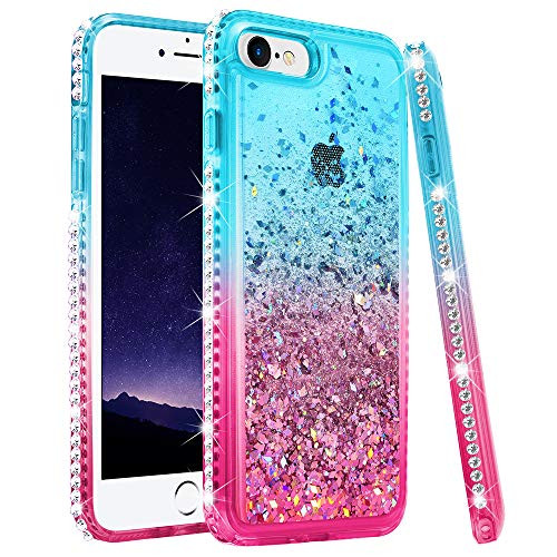 Ruky iPhone SE 2020 Case iPhone 6 6S 7 8 Glitter Case Gradient Quicksand Series Flowing Liquid Floating Bling Diamond Flexible TPU Girls Women Phone Case for iPhone 66s78SE 2020 4_7 Teal Pink