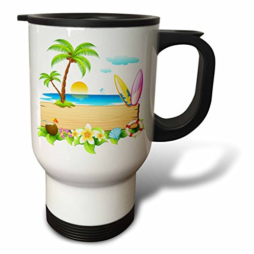 3dRose tm_167252_1 Tropical Beach Scene with Surfboards, Shells, Sun, Palm Trees and More Travel Mug, 14-Ounce, Stainless Steel