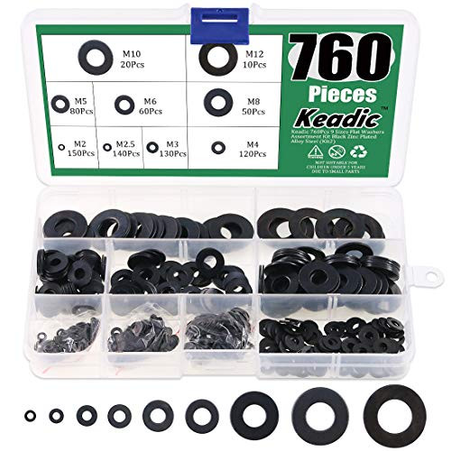 Keadic 760Pcs Flat Washers Assortment Kit Black Zinc Plated Alloy Steel 9 Sizes - M2 M2_5 M3 M4 M5 M6 M8 M10 M12 Keadic 760Pcs Flat Washers Assortment Kit Black Zinc Plated Alloy Steel 9 Sizes - M2 M2_5 M3 M4 M5 M6 M8 M10 M12