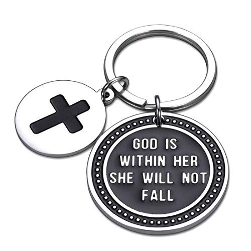 Inspirational Keychain Gift Prayer Charm Keychain Faith Religious Jewelry for Women Girls God Is Within Her She Will Not Fall Key chain or Birthday Christmas Thanksgiving Her