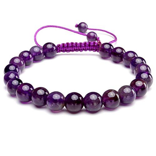 Top Plaza Natural Healing Crystal Stone Amethyst Bracelet Adjustable Braided Round Gemstone Bead Bracelets Chakra Reiki Balancing for Womens