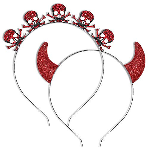 PHALIN Halloween Headbands Red Rhinestone Devil Horns Hairbands Gothic Skull Hair Hoop for Women Girls Devil Horn  Ghost