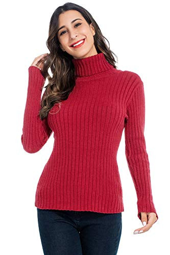 AUQCO Womens Turtleneck Sweaters Long Sleeve Casual Ribbed Knit Pullover Sweater Tops Red