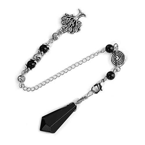 PESOENTH Natural Black Obsidian Dowsing Pendulum Crystal Scrying Divination Healing Gemstone Hexagonal Pointed Chakra Tree of Life Charm Pendulum Chain