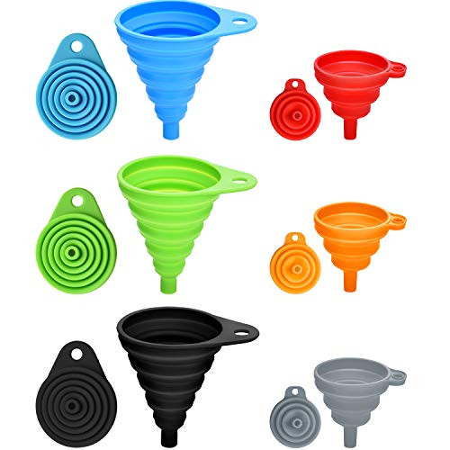 6 Pieces Silicone Collapsible Funnel Small and Large Size Food Grade Silicone Foldable Kitchen Funnel Flexible Narrow and Wide Mouth Funnels for Water Bottle Liquid Powder Transfer