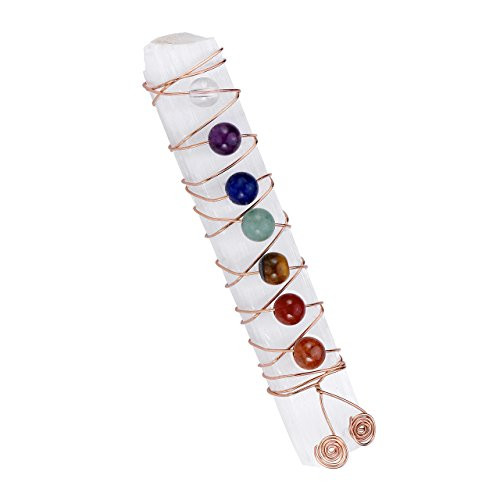 Top Plaza 7 Chakra Reiki Healing Crystal Copper Wire Wraped Raw Selenite Stick for Yoga Meditation Balancing7 Chakra Stone Beads