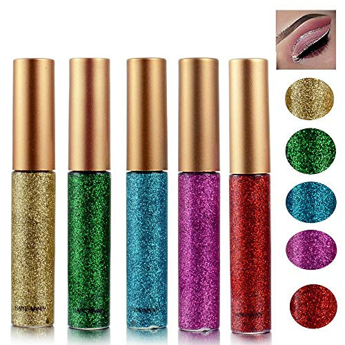 Glitter Liquid Eyeliner Metallic Eyeshadow 5 Color Metallic Glitter Sparkling Eyeliner Face Eye Cosmetic Glow Shimmer Makeup Glitter Eye Shadow Long Lasting Sparkling Eyeliner Eye Shadow 5 Color B
