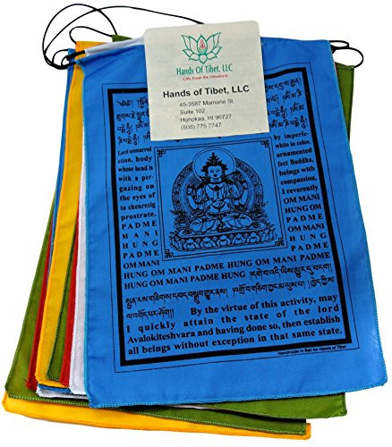 Hands Of Tibet Handmade Buddha of Compassion Prayer flags with English Translation 6x8