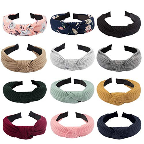 Knotted Headbands for Women Chanaco 12 Pack Wide Plain Turban Headband Fashion Cross Knot Hair Bands with Solid Colors Hair Accessories for Women Girls