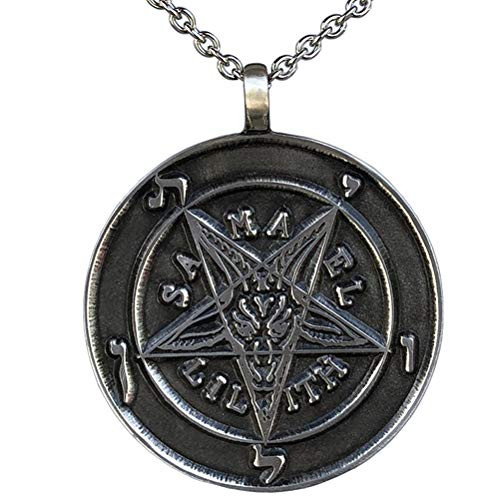 Church of Satan Jewelry Sigil of Lucifer Baphomet Inverted Pentacle Pentagram Star Silver Medallion Pewter Mens Pendant Necklace Lucky Charm Protection Amulet Safty Talisman Stainless Steel Chain