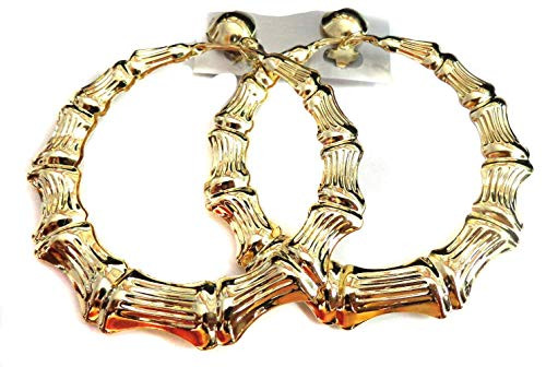 Clip-on Earrings Gold Bamboo Hoop Earrings 3 inch Hoops Non Pierced Ears Clip-on Earrings Gold Bamboo Hoop Earrings 3 inch Hoops Non Pierced Ears