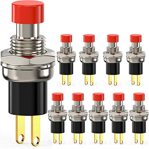 DIYhz Momentary Push Button Switch 1A 250VAC SPST Mini Pushbutton Switches Golden Foot Normal Self-Locking Red Cap 10pcs